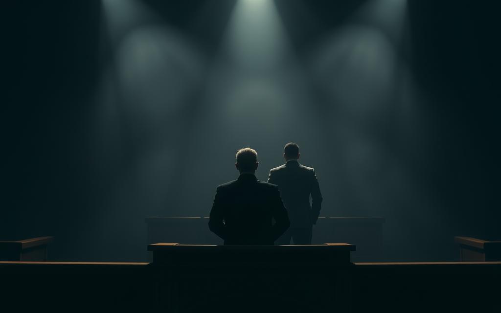 A Dimly Lit Courtroom Scene, With A Judge'S Bench In The Foreground, Casting A Stern Shadow. In The Middle Ground, Two Figures, A Plaintiff And Defendant, Stand Anxiously Before The Judge, Their Body Language Conveying The Gravity Of The Legal Proceedings. The Background Is Hazy, With An Air Of Uncertainty And Tension, As The Legal Consequences Of The Case Hang In The Balance. The Lighting Is Dramatic, Creating Deep Shadows And Highlights That Emphasize The Solemn And Serious Nature Of The Proceedings. The Overall Atmosphere Evokes A Sense Of High Stakes And The Weight Of The Law Bearing Down On The Individuals Involved.