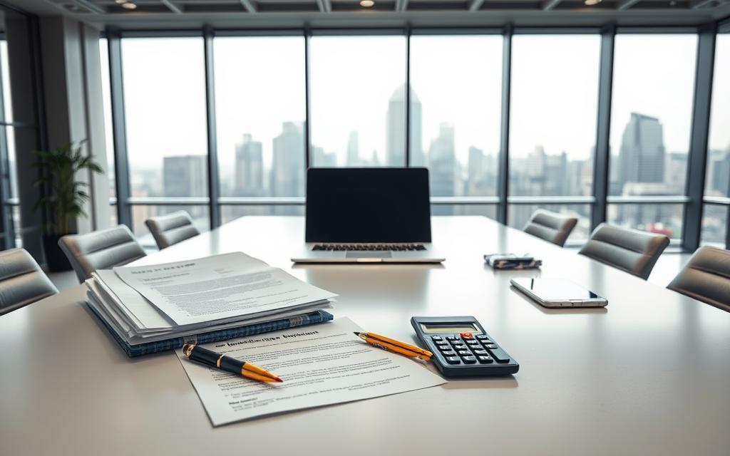 A Modern, Well-Lit Office Setting With A Large Desk And Various Consumer Compensation Options Displayed On It. In The Foreground, A Stack Of Legal Documents, A Pen, And A Calculator Symbolize The Financial And Legal Aspects Of Consumer Compensation. In The Middle Ground, A Laptop And Smartphone Represent The Digital Tools Used To Process Claims. In The Background, Floor-To-Ceiling Windows Provide Natural Lighting And A Cityscape View, Conveying A Professional, Corporate Atmosphere. The Overall Mood Is One Of Efficiency, Transparency, And Consumer-Centric Problem-Solving.