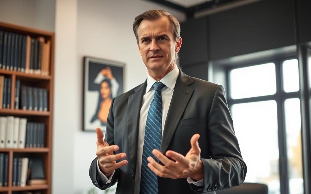 A Professional, Well-Dressed Attorney With A Stern Yet Compassionate Expression, Standing In An Office Environment With A Floor-To-Ceiling Bookshelf And A Large Window Providing Natural Lighting. The Attorney Is Gesturing Emphatically, Conveying A Sense Of Advocacy And Determination To Assist A Client In Navigating The Complexities Of The Lemon Law. The Scene Exudes An Atmosphere Of Professionalism, Expertise, And A Commitment To Protecting Consumer Rights.