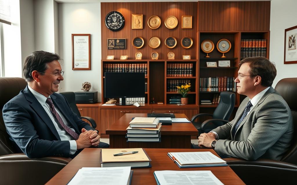 A Well-Lit, Modern Office Interior With A Large Wooden Desk And Comfortable Leather Chairs. In The Foreground, Two Experienced Personal Injury Lawyers Sit Across From Each Other, Engaged In A Serious Discussion. Their Facial Expressions Convey Professionalism And Confidence. The Middle Ground Features Law Books, Case Files, And A Computer Monitor Displaying Legal Documents. In The Background, A Wall-Mounted Display Showcases Their Firm'S Credentials And Awards, Establishing Their Expertise. The Overall Atmosphere Is One Of Competence, Trustworthiness, And A Commitment To Providing Exceptional Legal Care For Those Who Have Experienced Traumatic Injuries.