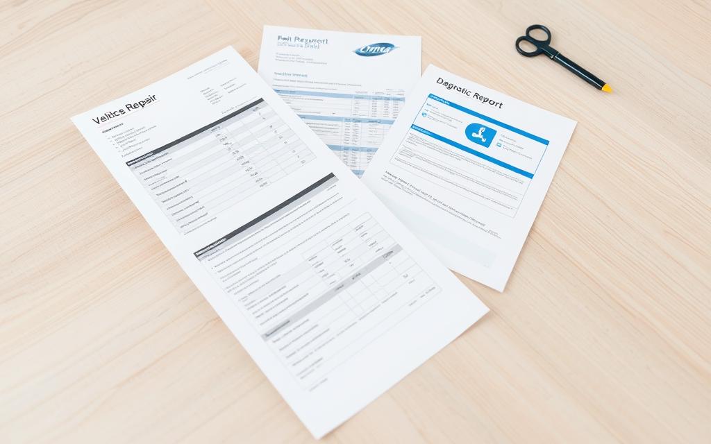 High-Resolution Photograph Of Vehicle Repair Documentation, Including Repair Invoices, Service Records, And Diagnostic Reports, Laid Out On A Clean, Light-Colored Wooden Desk Or Table. The Documents Should Be Neatly Arranged, With Some Partially Overlapping To Suggest A Sense Of Organization And Record-Keeping. The Lighting Should Be Bright And Even, Creating A Professional, Clinical Atmosphere. The Camera Angle Should Be Slightly Elevated, Capturing The Documents From A Slightly Bird'S-Eye View, Lending An Air Of Authority And Attention To Detail. The Background Should Be Minimalist, With Muted Colors And Textures That Do Not Distract From The Main Subject Matter.