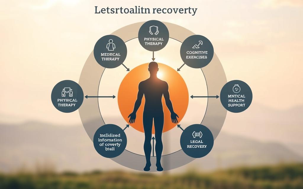 Prompt A Complex Yet Harmonious Holistic Recovery Plan, Depicted As A Three-Dimensional Diagram With Interconnected Elements. In The Foreground, A Human Figure Representing The Individual Undergoing Rehabilitation, Surrounded By Concentric Circles Of Various Medical And Therapeutic Modalities - Physical Therapy, Cognitive Exercises, Mental Health Support, And Legal Counsel. In The Middle Ground, These Elements Are Linked By Flowing Pathways, Symbolizing The Integrated Approach. The Background Features A Softly-Lit, Serene Environment, Conveying A Sense Of Balance, Progress, And A Hopeful Journey Towards Full Recovery.
